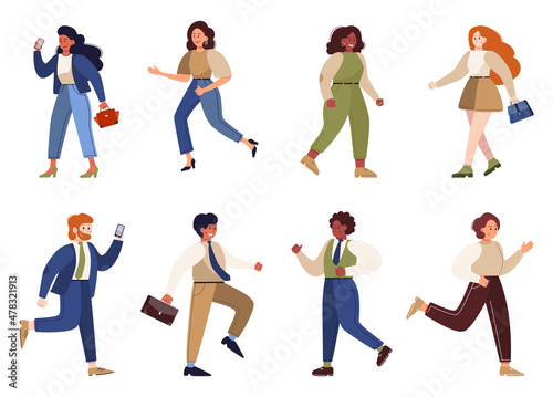 Set of young businesspeople on their way. Female and male character