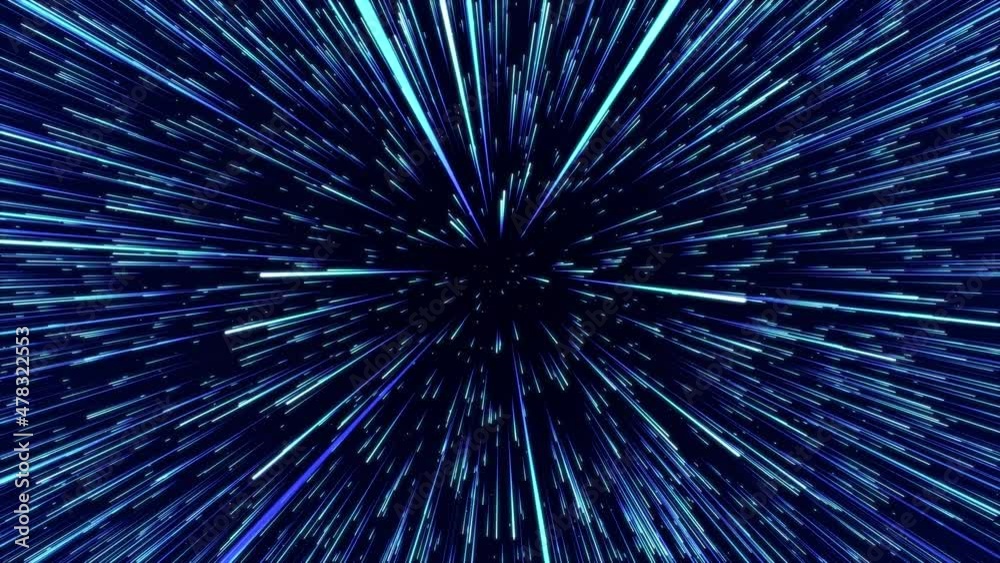 Abstract blue hyper jump. Digital hyperspace with flow of bright particles. Beams motion in galaxy. Big stars explosion. Space glowing tunnel moving at the speed of light. 3d rendering.