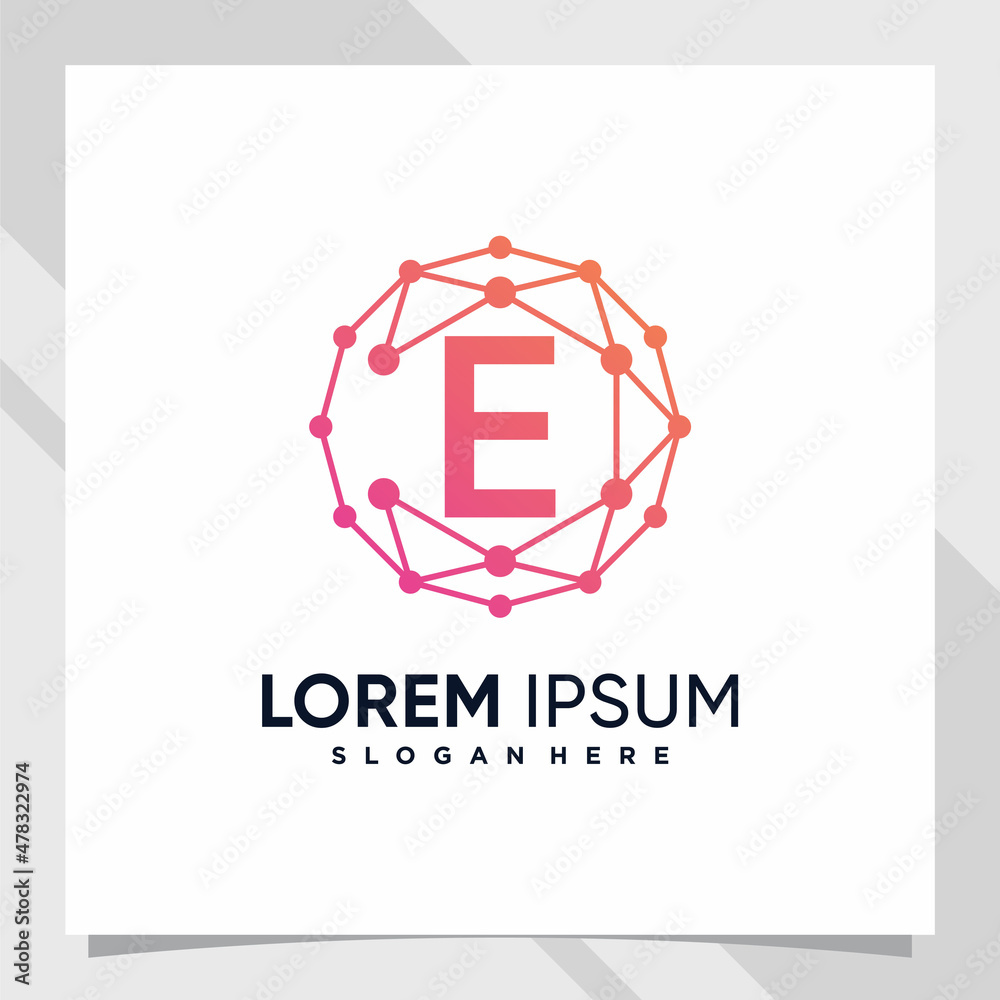 Creative technology logo design initial letter e with line art and dot style