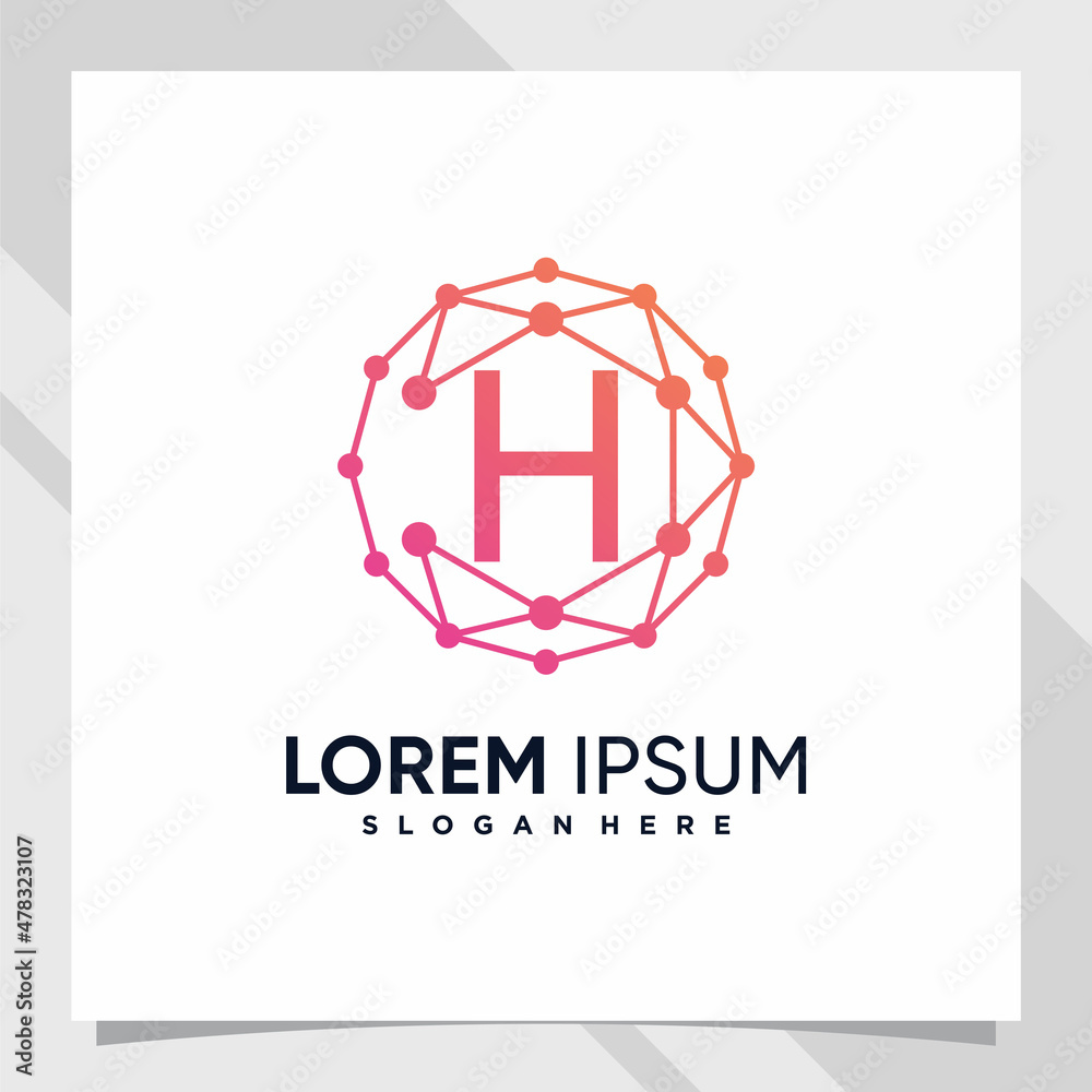 Creative technology logo design initial letter h with line art and dot style