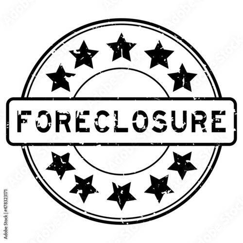 Grunge black foreclosure word with star icon round rubber seal stamp on white background
