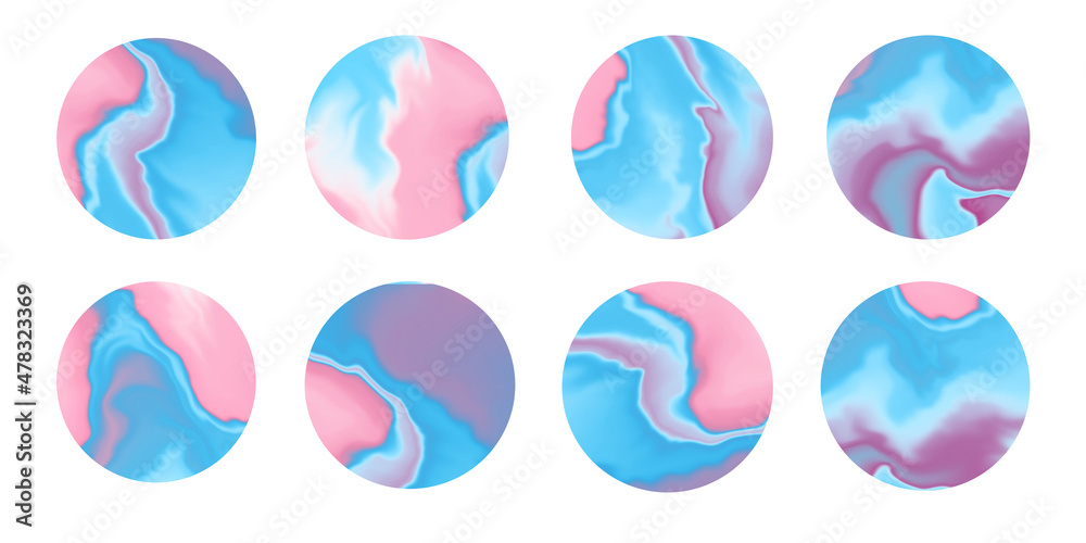 Set with marble texture circles. Liquid marble surface. Digital illustration. Highlight covers. Social media stories. Round marble icons background. Isolated on white. Set with marble texture circles. Liquid marble surface. Digital illustration. Highlight covers. Social media stories. Round marble icons background. Isolated on white.