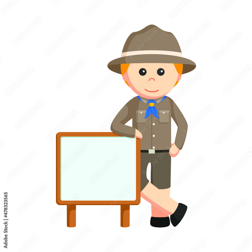 Scout boy standing beside design character on white background