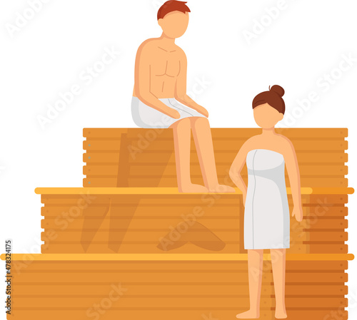 Cartoon people characters taking steam bath together. Flat vector illustration. Woman and man enjoying baths and steam, hammam with sauna whisk. Relax, health, bathhouse concept, wellness procedure
