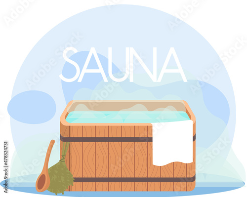 Sauna or SPA center banner template with bathhouse tools bucket, bath broom, wooden bench. Cartoon vector for advertising. Accessories for relaxation in steam banya or hot sauna, wellness procedure