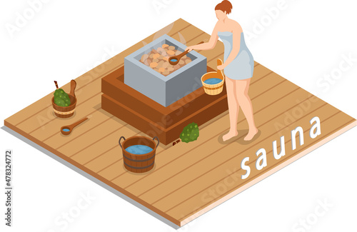 Woman wearing bath towel sits on wooden bench at hot steam sauna. Relaxing and wellness in finnish, russian bath or spa center. Warm therapy female hot steam in sauna bathing character in bathhouse