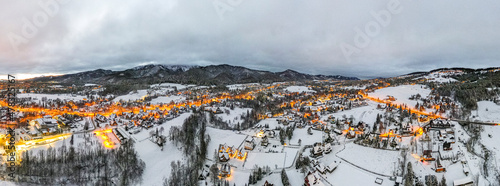 Panoramic View of Zakopane and Giewont Mount from Drone in Winter