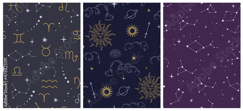Vector seamless pattern with celestial mystic esoteric magic elements sun moon and clouds Different stages of moon, zodiac Signs. Alchemy tattoo template