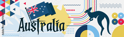 Australia day banner design for 26th of January. Abstract geometric banner for the national day of Australia in shapes of red and blue colors. Australian flag theme with Sydney landmark background. 