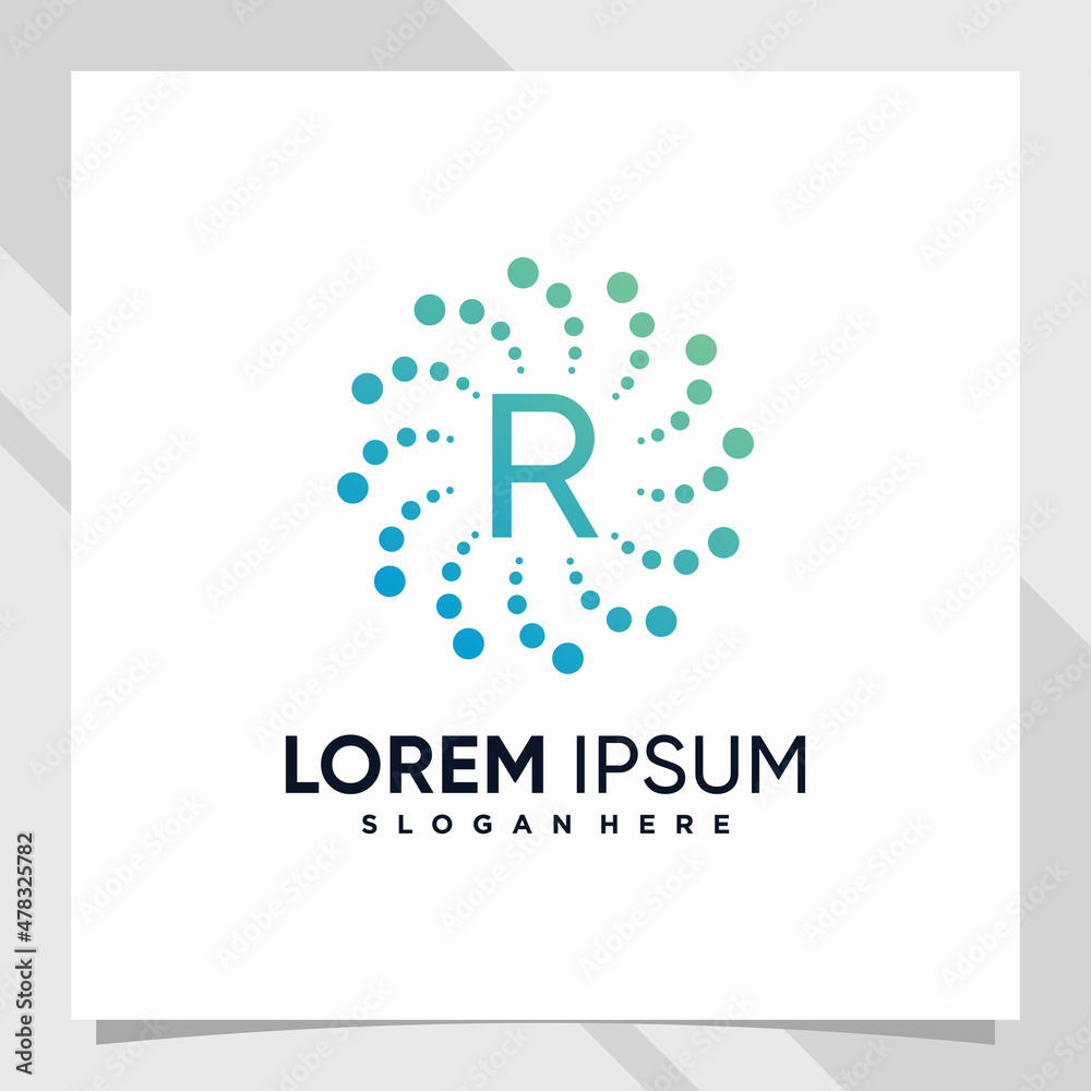 Creative technology logo design initial letter r with line art and dot style