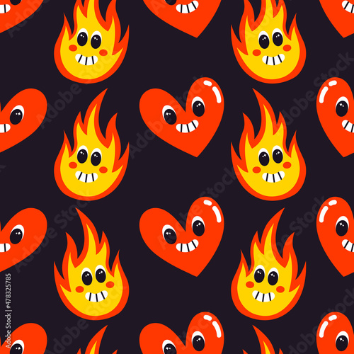 Vector seamless pattern with funny cartoon heart and fire characters. Psychedelic comic face with crazy smile. Colorful retro background with flame and love symbol