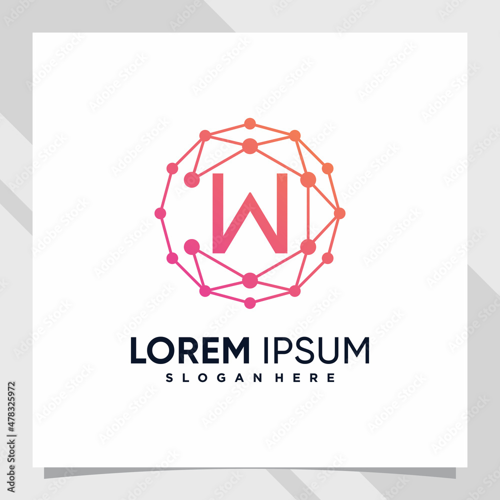 Creative technology logo design initial letter w with line art and dot style