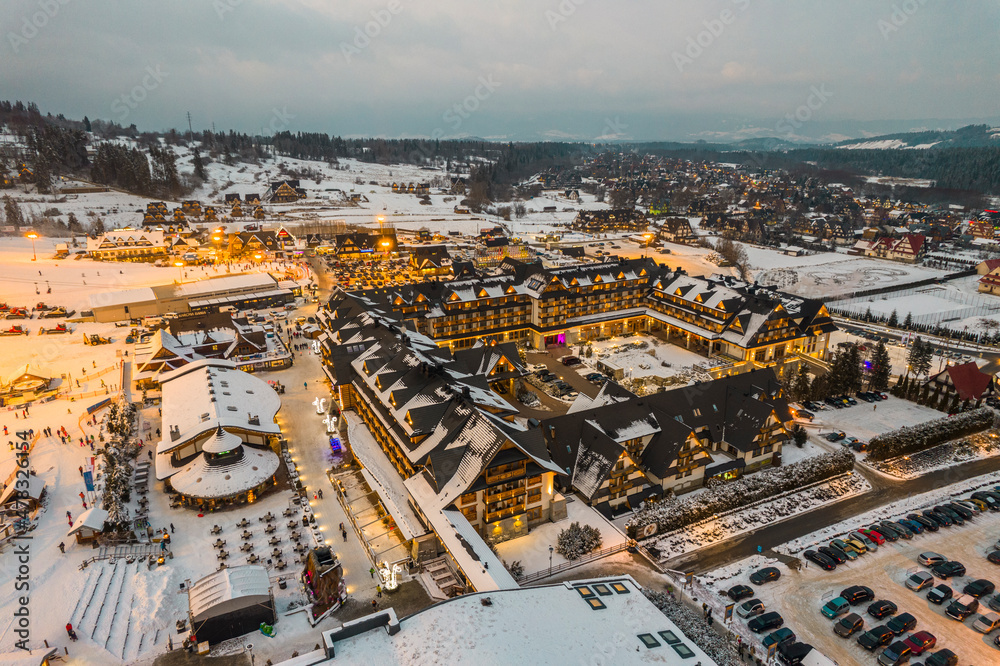 Bania Thermal Bath and Ski Resort Drone View at Winter. Polish Winter Capital