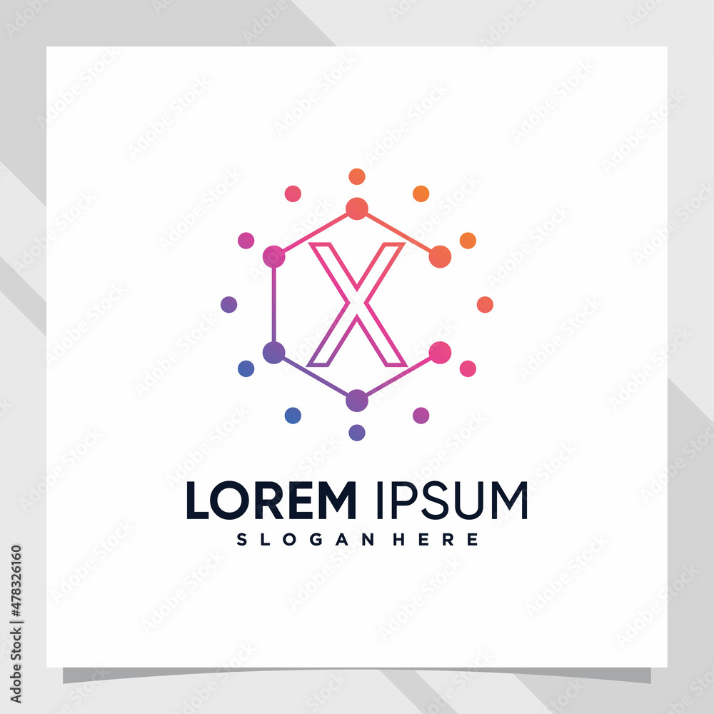 Creative technology logo design initial letter x with line art and dot style