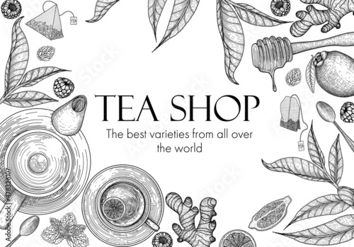 Vector illustration of a banner template for a teahouse. Graphic linear frame of tea leaves, tea cup, teapot, spoon, tea bags, ginger, honey, lemon, raspberry, mint