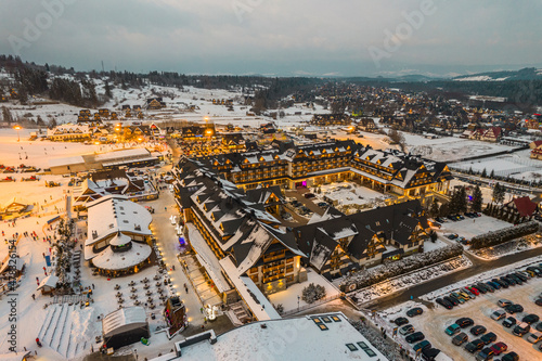 Bania Thermal Bath and Ski Resort Drone View at Winter. Polish Winter Capital