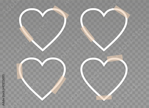 Set of hearts with beige sticky tape. Mockup for your design. Empty white frames in the shape of hearts. Blank template isolated on a transparent background. Photo card collage.