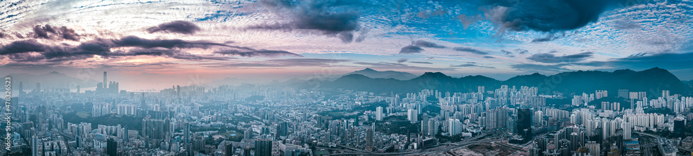 Fototapeta premium Aerial panorama landscapes of Hong Kong city in sunset