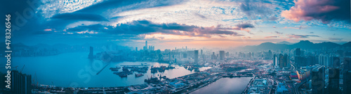 Photography Aerial panorama landscapes of Hong Kong city in sunset