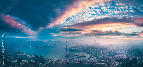Photography Aerial panorama landscapes of Hong Kong city in sunset