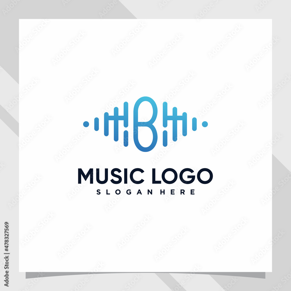 Music logo design initial letter b with line art and creative concept