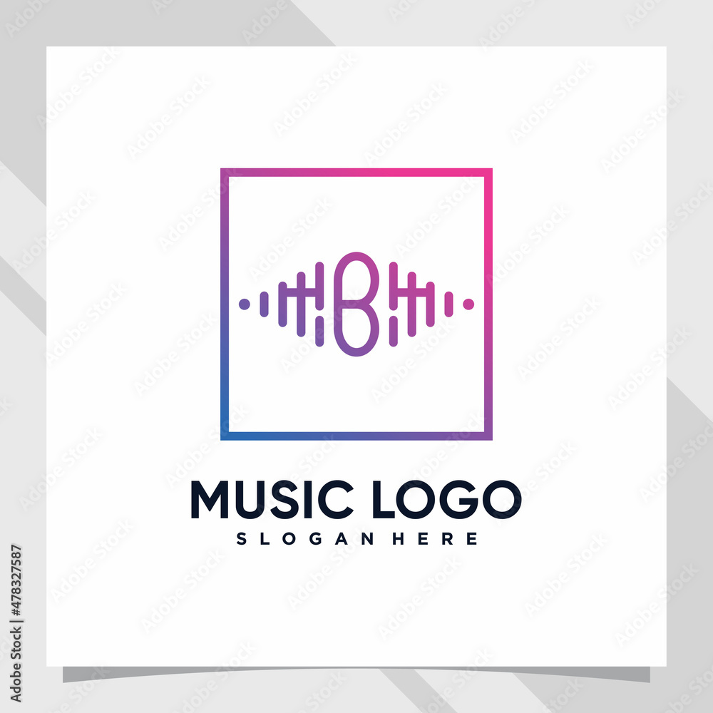 Music logo design initial letter b with line art and square concept Music logo design initial letter b with line art and square concept