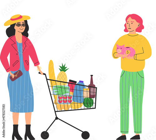 Richness and poverty concept. Sad poor woman holding piggy bank and happy rich woman. Class and monetary inequality in human society. Lady with shopping cart full of purchases and thrifty housewife