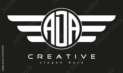 ADA three letter monogram type circle letter logo with wings vector template.