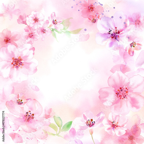 春の花：幻想的な桜のフレーム背景。水彩イラスト。ルーズタッチ。