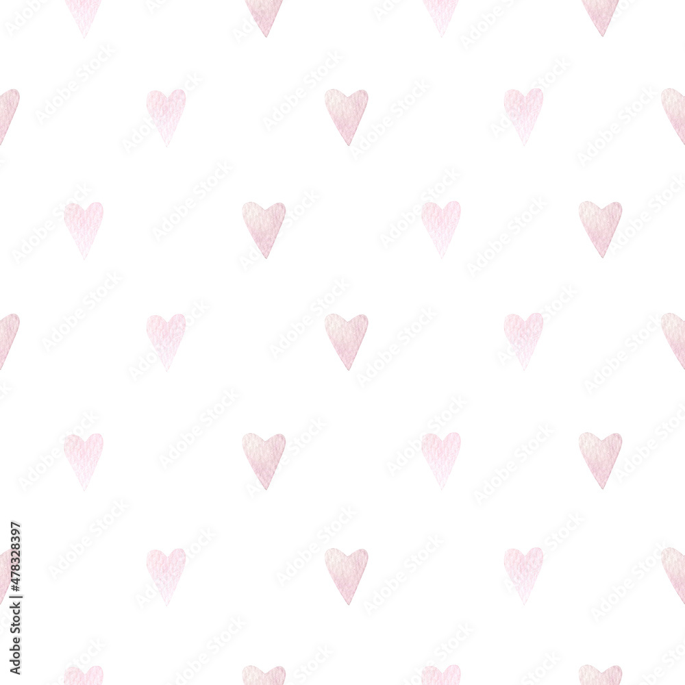 Watercolor seamless pattern with bright pink hearts. Isolated on white background. Hand drawn clipart. Perfect for card, fabric, tags, invitation, printing, wrapping.