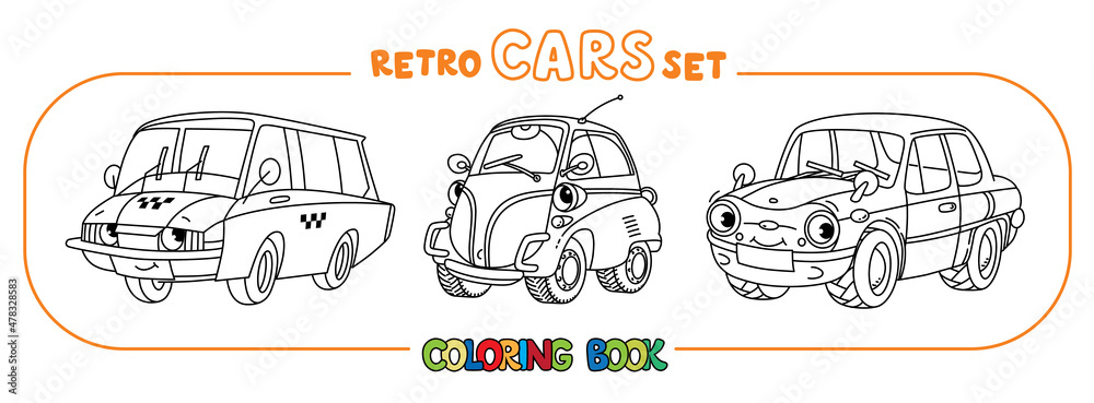 Funny small retro cars with eyes coloring book set Funny small retro cars with eyes coloring book set