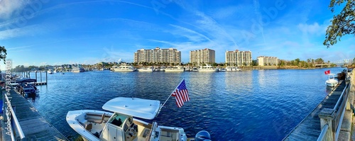 Barefoot Landing, Little River, Marina and condominium buildings in North Myrtle Beach, South Carolina. Panoramic view