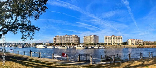 Barefoot Landing, Little River, Marina and condominium buildings in North Myrtle Beach, South Carolina. Panoramic view