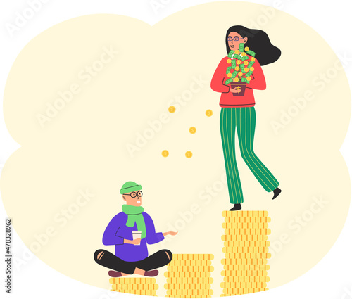 Richness and poverty concept. Rich happy woman scatter money poor male beggar begging on street. Financial success concept with cartoon unemployed person and wealthy lady. Financial superiority