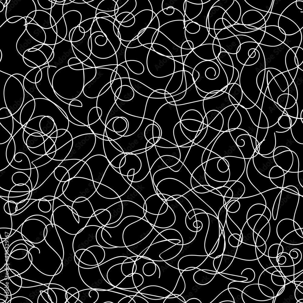 Seamless pattern, tangled white line on black