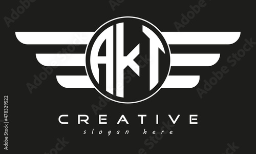 AKT three letter monogram type circle letter logo with wings vector template.