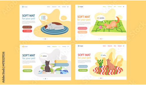 Soft mat for your pet landing page template. Cute cat sitting on oval striped bright rug. Funny cartoon character at home. Taking care of animals arrangement of place in an apartment for pet