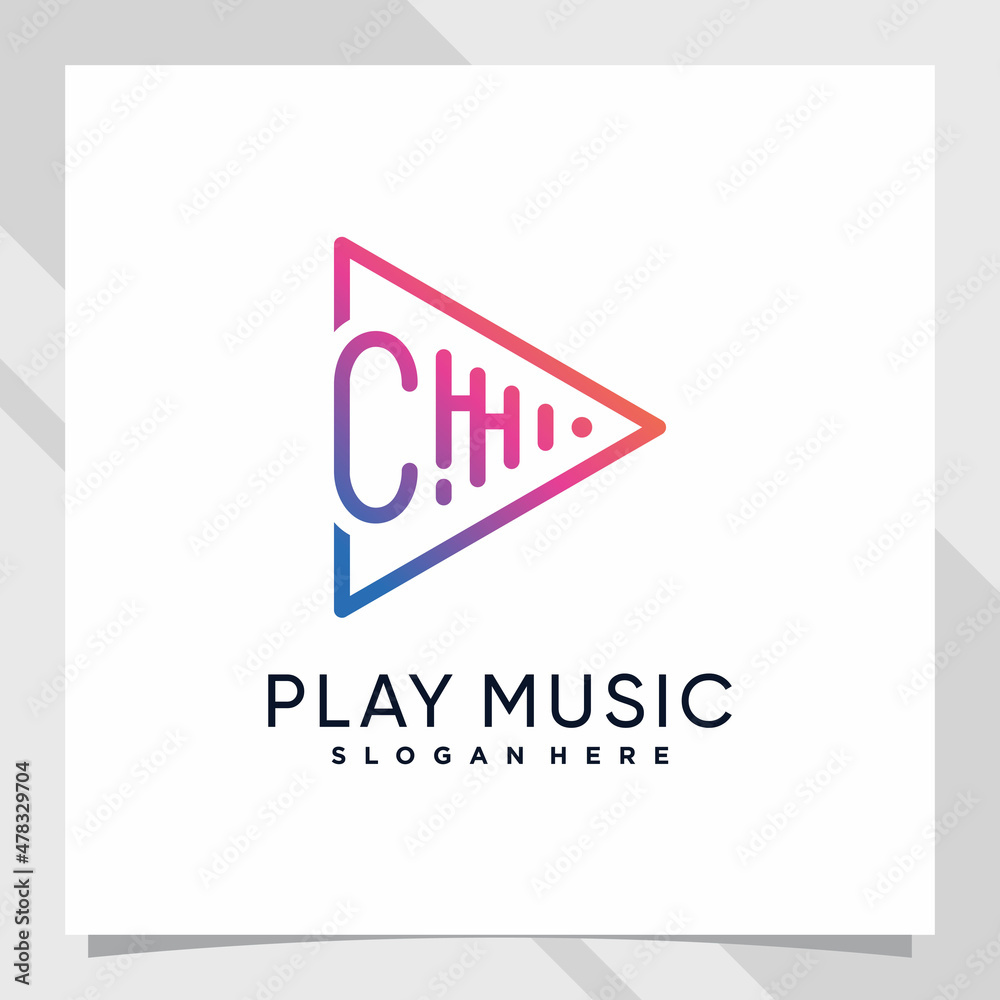 Obraz premium Play music logo design initial letter c with line art and creative concept