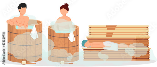 Cartoon people characters taking steam bath together. Flat vector illustration. Woman and man enjoying baths and steam, hammam with sauna whisk. Relax, health, bathhouse concept, wellness procedure