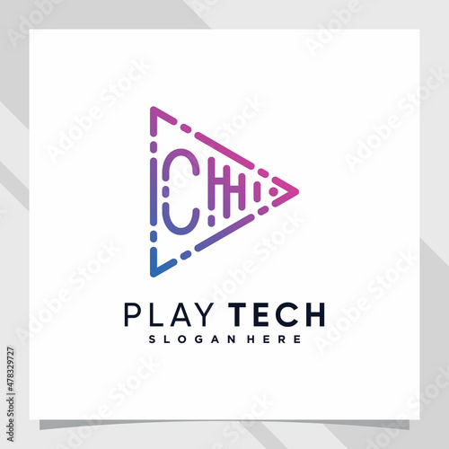 Play music logo design initial letter c with line art and creative concept