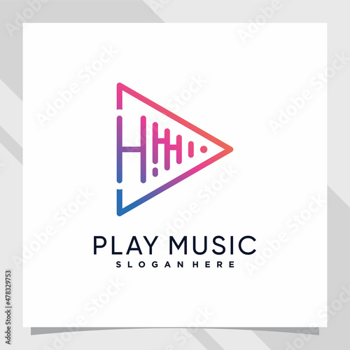 Play music logo design initial letter h with line art and creative concept