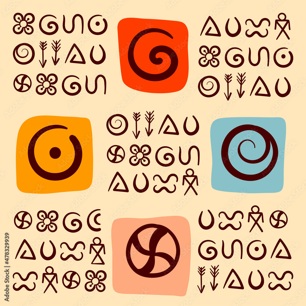 Hand drawn Vector doodles of ancient ethnic traditional symbols. Ritual screen printing.