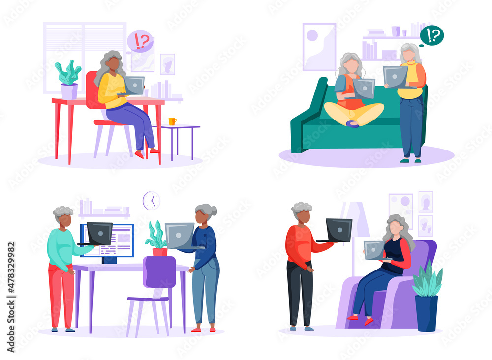 Old people try to use phone, game console, computer, tablet and laptop. Elders spend time on social media. Characters learn new technologies on internet. Women and men communicate through gadget