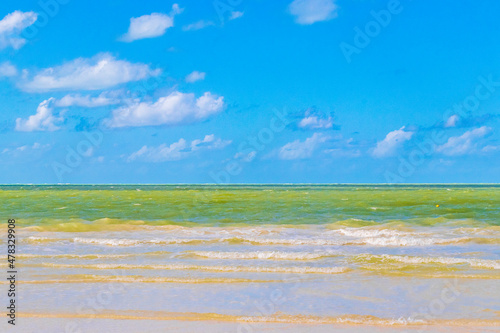 Beautiful Holbox island beach sandbank panorama turquoise water waves Mexico.