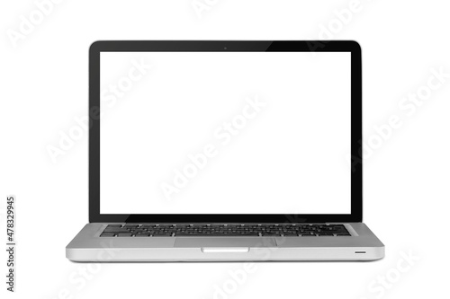 Old laptop or notebook with blank screen isolated on white background..