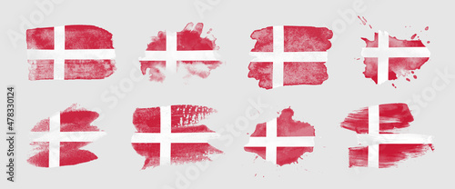 Painted flag of Denmark in various brushstroke styles.