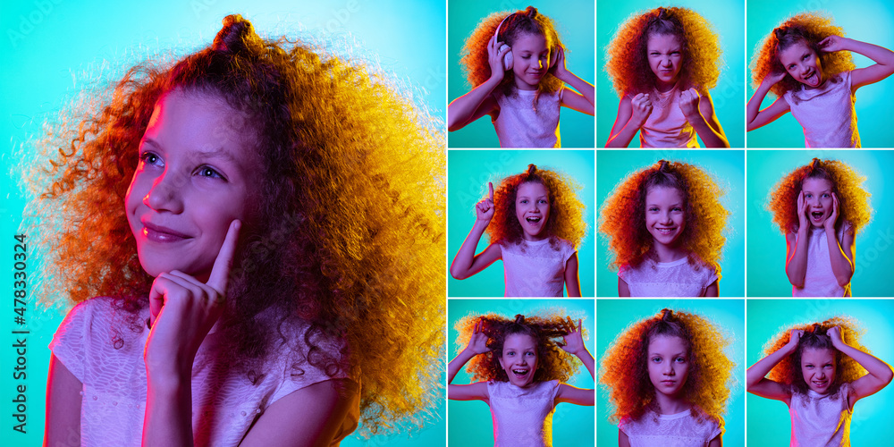 Naklejka premium Set of images of little red-headed kid, schoolgirl isolated on blue studio background in neon light. Emotions, facial expression, childhood concept
