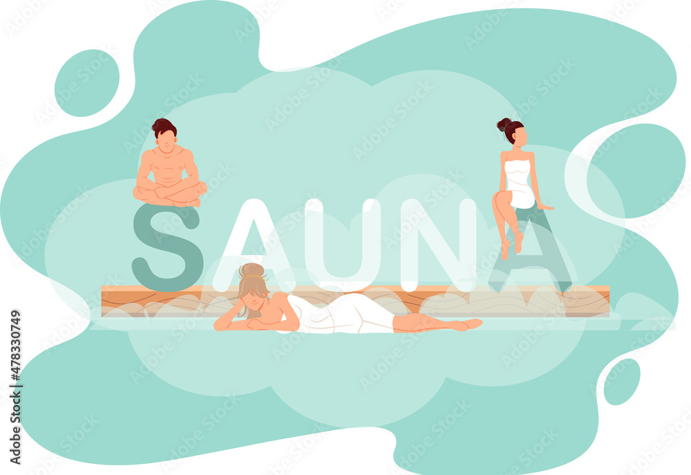 Sauna and steam room. Set of people in sauna. People relax and steam with birch brooms in traditional russian stove for female and male. Finnish bathhouse. Public sauna, Friends in spa resort Sauna and steam room. Set of people in sauna. People relax and steam with birch brooms in traditional russian stove for female and male. Finnish bathhouse. Public sauna, Friends in spa resort