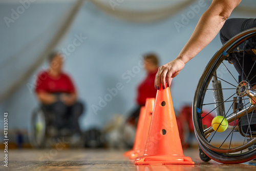 Competitions of the people in wheelchair at the sport holl photo