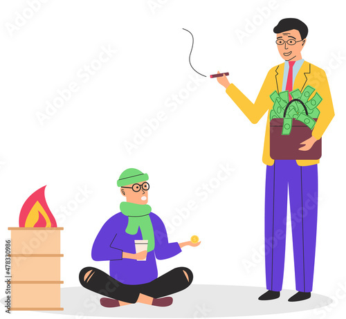 Rich and poor people cartoon men without money. Unemployed guy homeless beggar and successful businessman millionaire with bag of money and cigar. Richness and poverty concept. Social distance